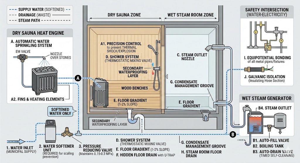 Sanitairsysteemplanning en technische analyse voor saunaruimtes