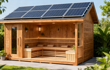 Buitensauna op zonne-energie met massief houten interieur en aanpasbare technische oplossingen